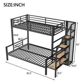 Twin over Full Size Metal Bunk Bed with Storage Staircase and Open Wardrobe