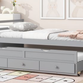 Twin Size Wooden Bed with Headboard, Footboard, Trundle and Three Storage Drawers