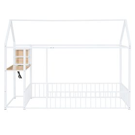 Twin Size Metal Bed House Bed Frame with Desk, Shelves, Power Outlets and USB Ports
