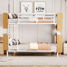 Twin Over Twin Size Metal Bunk Bed with Ladder and Full-Length Guardrail, Storage Space