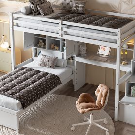 Twin Over Twin Loft Bed With Built-in Desk, Staircase, Storage Compartments And Shelves
