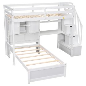 Twin Over Twin Loft Bed With Built-in Desk, Staircase, Storage Compartments And Shelves