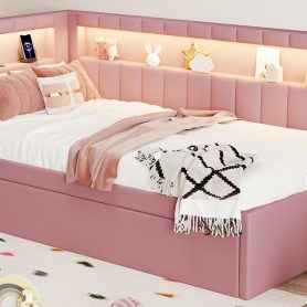 Upholstered TwIn Size platform bed with USB Ports and LED belt, With Trundle