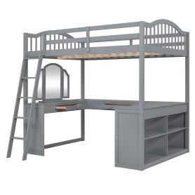 Wooden Full Size Loft Bed with U-shaped Desk, Storage Compartments and Tri-fold Mirror