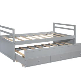 Twin Size Wooden Bed with Headboard, Footboard, Trundle and Three Storage Drawers
