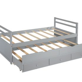 Twin Size Wooden Bed with Headboard, Footboard, Trundle and Three Storage Drawers