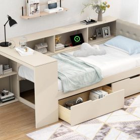 Wood Twin Size Platform Bed with Storage Shelves, Drawers, Charging Station and Upholstered Headboard