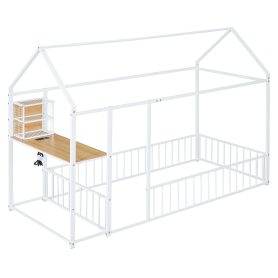 Twin Size Metal Bed House Bed Frame with Desk, Shelves, Power Outlets and USB Ports