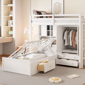 Twin Bunk Bed with Drawers, Wardrobe, Storage Shelves and Hydraulic Bed