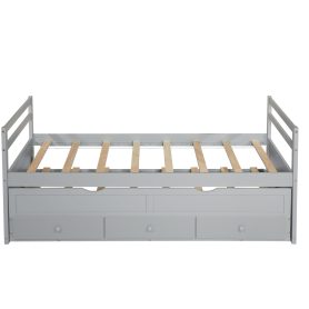 Twin Size Wooden Bed with Headboard, Footboard, Trundle and Three Storage Drawers