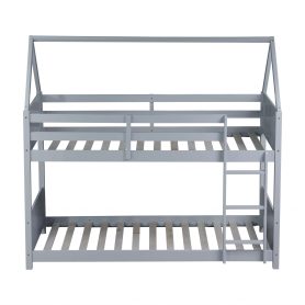 Twin Over Twin House Floor Bunk Bed with Headboards, Footboards and Guardrails, Ladder