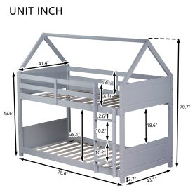 Twin Over Twin House Floor Bunk Bed with Headboards, Footboards and Guardrails, Ladder