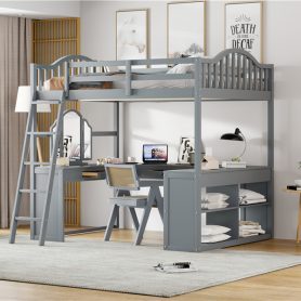Wooden Full Size Loft Bed with U-shaped Desk, Storage Compartments and Tri-fold Mirror