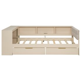 Wood Twin Size Platform Bed with Storage Shelves, Drawers, Charging Station and Upholstered Headboard
