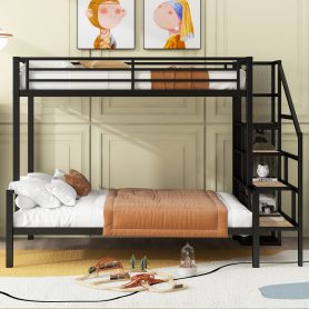 Twin over Full Size Metal Bunk Bed with Storage Staircase and Open Wardrobe