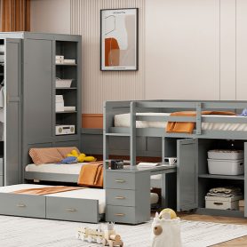 Twin Wooden Bunk Bed with Trundle, Cabinet, Wardrobe, Desk and Drawers