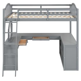 Wooden Full Size Loft Bed with U-shaped Desk, Storage Compartments and Tri-fold Mirror