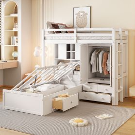 Twin Bunk Bed with Drawers, Wardrobe, Storage Shelves and Hydraulic Bed