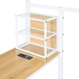 Full Size Metal Bed House Bed Frame with Desk, Shelves, Power Outlets and USB Ports