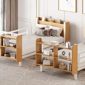 Twin Over Twin Size Metal Bunk Bed with Ladder and Full-Length Guardrail, Storage Space