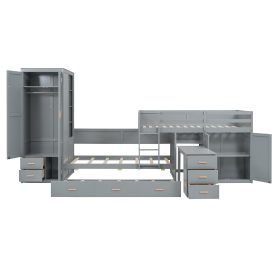 Twin Wooden Bunk Bed with Trundle, Cabinet, Wardrobe, Desk and Drawers