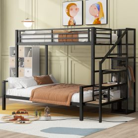 Twin over Full Size Metal Bunk Bed with Storage Staircase and Open Wardrobe