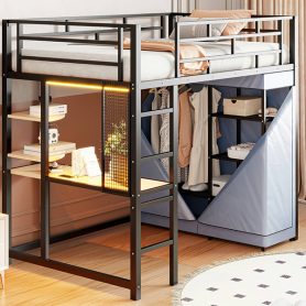 Twin Size Loft Metal Bed with Desk,Shelves,Power Outlet,LED Light and Wardrobe