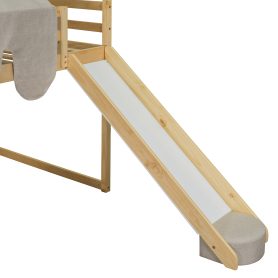 Full Size Wooden Loft Bed House-Shaped Frame With A Tent