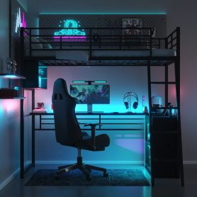 Twin Size Metal Loft Bed with LED, Desk and 4 Storage Shelves