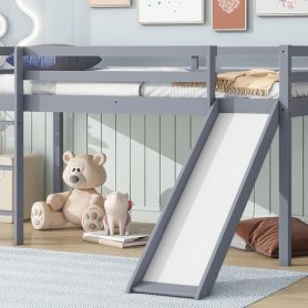 Rubber Wood Twin Low Loft Bed With Slide, Ladder and Safety Guardrails
