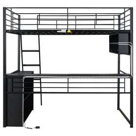 Full Size Metal Loft Bed with LED, Desk and 4 Storage Shelves
