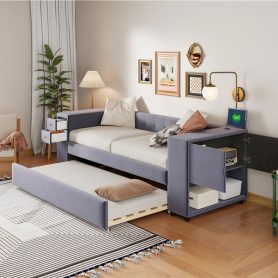 Twin Upholstered Bed with Storage and Twin Trundle, USB Charging Ports, French Velvet