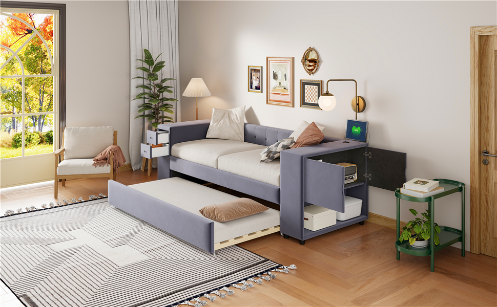 Twin Upholstered Bed with Storage and Twin Trundle, USB Charging Ports, French Velvet