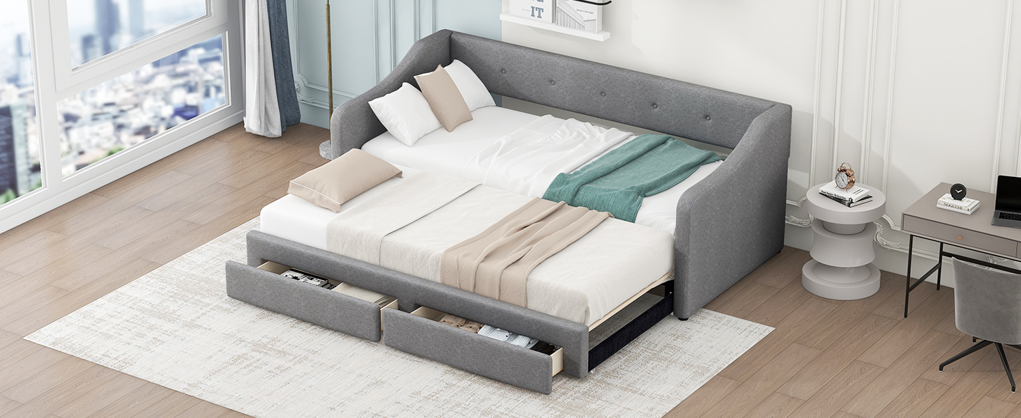 Twin XL to King Size Upholstered Daybed with Two Drawers 10 Twin XL to King Size Upholstered Daybed with Two Drawers