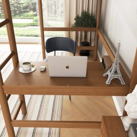 Rubber Wooden Twin Size Loft Bed With Desk, Ladder, Safety Guardrails, Teddy Fleece Fabric Headboard/Footboard