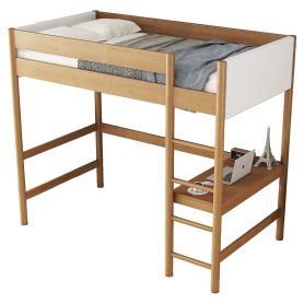 Rubber Wooden Twin Size Loft Bed With Desk, Ladder, Safety Guardrails, Teddy Fleece Fabric Headboard/Footboard