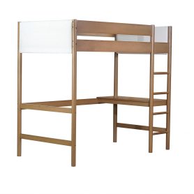 Rubber Wooden Twin Size Loft Bed With Desk, Ladder, Safety Guardrails, Teddy Fleece Fabric Headboard/Footboard