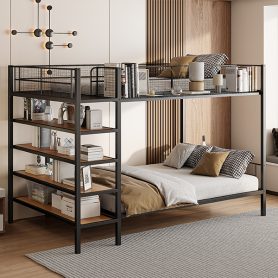 Twin Over Full Metal Bunk Bed with 5-Tier Shelves
