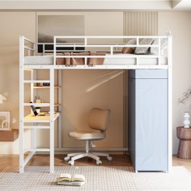Full Size Loft Metal Bed with Desk, Shelves, Power Outlet, LED Light and Wardrobe
