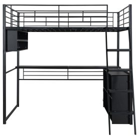 Full Size Metal Loft Bed with LED, Desk and 4 Storage Shelves