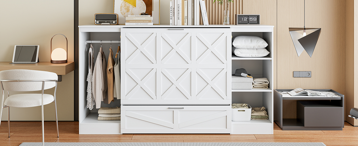 Twin Size Murphy Bed with Bedside Shelves and Wardrobe