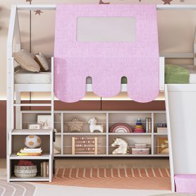 Twin Size Wooden Loft Bed House-Shaped Frame With A Tent