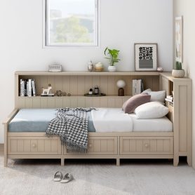 Twin Size Wood Daybed with Storage Shelves and 3 Drawers