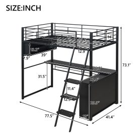 Twin Size Metal Loft Bed with LED, Desk and 4 Storage Shelves