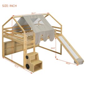Full Size Wooden Loft Bed House-Shaped Frame With A Tent