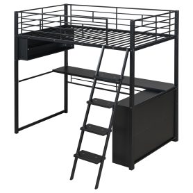 Twin Size Metal Loft Bed with LED, Desk and 4 Storage Shelves