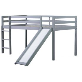 Rubber Wood Twin Low Loft Bed With Slide, Ladder and Safety Guardrails
