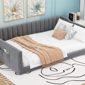Full Xl Size Upholstery Daybed with Side Storage Pocket