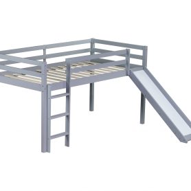Rubber Wood Twin Low Loft Bed With Slide, Ladder and Safety Guardrails