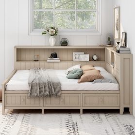 Full Size Wood Daybed with Storage Shelves and 3 Drawers
